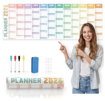 Wandplaner 2026, groß, 120 x 42 cm – doppelseitig laminierter Jahreskalender mit Röhrenverpackung, knitterfreies Design, 8 Aufkleber – Wand-Organizer fürs Homeoffice, leuchtende Farben