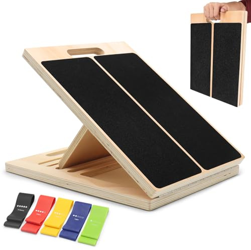 Verstellbares Schrägbrett aus Holz 40 × 30 × 4,5 cm mit 5 elastischen Bändern – rutschfeste Fitness-Platte für Stretching, Kniebeugen, Waden & Rehabilitation – mit Trainingstasche