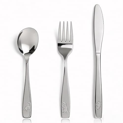Kids Cutlery Set 12 Pieces, Food-Grade 304 Stainless Steel Childrens Cutlery Set with Dinosaur Design - 4 x Kids Spoons/Forks/Safe Dinner Knives