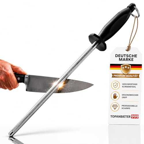 Wetzstahl Profi 39 cm Messerschärfer Wetzstab Schleifstab Edelstahl | XXL 26 cm Schärffläche, rostfreier Edelstahl, rutschfester Soft Griff mit Fingerschutz, Messerschleifer mit Öse