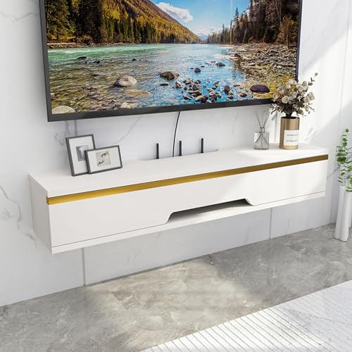 Moderno mobile mobile TV – elegante tavolo consolle multimediale in legno con cassetti e anta a ribalta per soggiorno e camera da letto – legno bianco e scuro, 90 x 20 x 18,4 cm