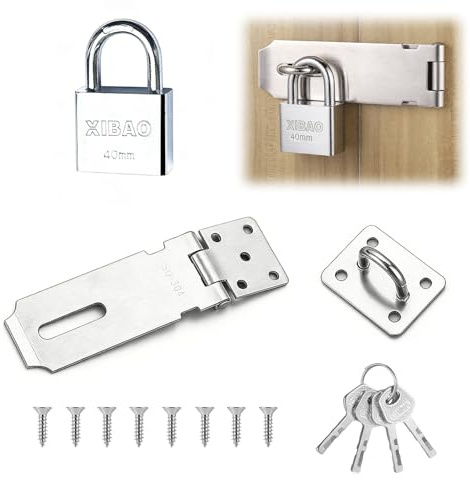 2 Pcs Door Hasp and Staple with Padlock, Stainless Steel Shed Lock, Door Locks with Keys and Screws for Shed Wooden Gate Storage Box (4in)