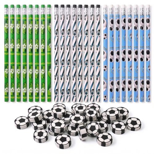 NiceNaiils 48 Pezzi Set di Cancelleria a Tema Calcio: 24 Matite da Calcio e 24 Gomme Calcio, Perfetti Come Regali per Bambini per Compleanni o Feste