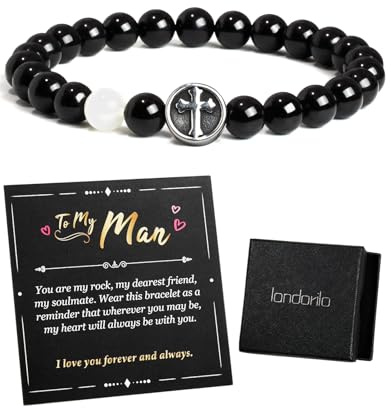 Landorilo Naturstein Armband Herren, Geschenk für Männer | Geschenke für Sohn, Papa und Freund zu Geburtstagen Feiertagen,Handgefertigter Schmuck, inklusive Geschenkkarte, 19 cm/21 cm