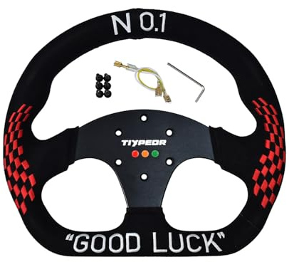 TIYPEOR Volante da corsa a forma di D per Go-Kart, 320 mm (12,6), in pelle scamosciata rossa con ricamo portafortuna, ideale per auto sportive, drifting e simulatori di guida.