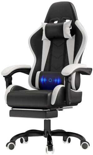 JUMMICO Gaming Stuhl, Bürostuhl Ergonomisch Mit Massagefunktion, Gamer Stuhl verstellbare Rückenlehne 90-135°,und fußstütze, Gamingstuhl 150 kg belastbarkeit, Weiß