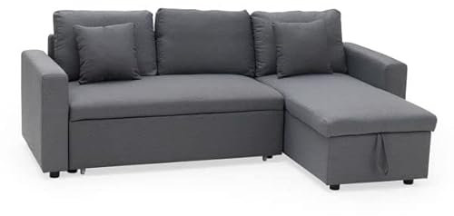 Happy Garden Canapé d'angle Convertible Clark 3 Places en Tissu Gris. Canapé avec méridienne réversible et Coffre de Rangement.