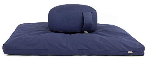 Bodhi Meditations-Set | ECO Serie | Meditationsmatte (Zabuton) & Rondo Meditationskissen | Mit Kapok-Füllung | Bezug aus 100% Bio-Baumwolle | Meditationsunterlage & Kissen (dunkelblau)