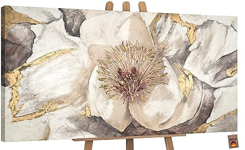 YS-Art Abstrakt Acryl Gemälde auf Leinwand Malve handgemalt Wandbilder Wohnzimmer modern Wohndekor Bilder Büro Praxis Beige Blumen Blüte echte Kunst 120x60 cm