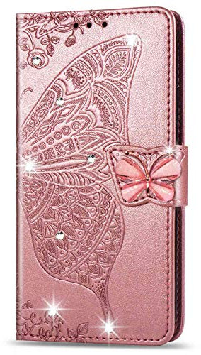 Reevermap Samsung Galaxy S21 FE Case Glitter Crystal Flip PU Leather Phone Cover for Samsung Galaxy S21 FE 5G, Shockproof Wallet Butterfly Embossed Gems Bling Shiny Magnetic Clasp Kickstand, Rose Gold