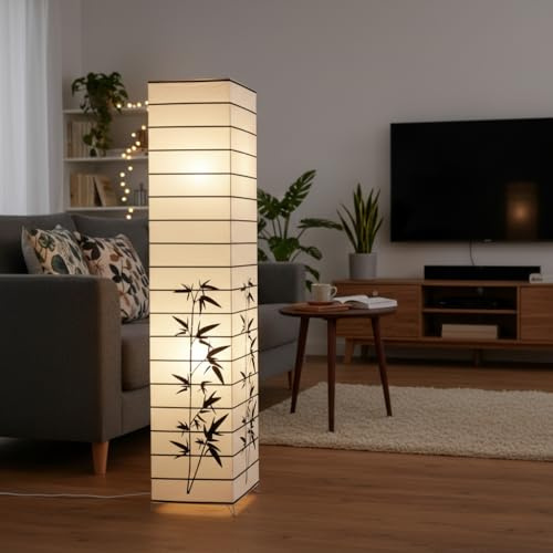 Trango 1212L Reispapier Standleuchte *JAPAN* *HANDMADE* in Eckig Weiß m. Deko-Stäben & Bambus Motiv inkl. 2x E14 LED Leuchtmittel warmweiß Stehleuchte