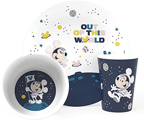 Zak Designs Disney Mickey Mouse - Juego de vajilla para niños incluye plato, tazón y vaso, hecho de material de melamina duradero y perfecto para niños (juego de 3 piezas, espacio, no BPA)