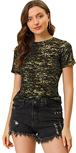 Allegra K Femme Fête Métallique Textured Short Manche Brillant Multicolore Top Or Noir M