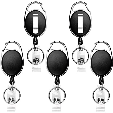 Teskyer Badge Reel, 5 Pack Retractable Badge Holders with Carabiner Belt Clip and Key Ring for ID Card Holder and Keychain