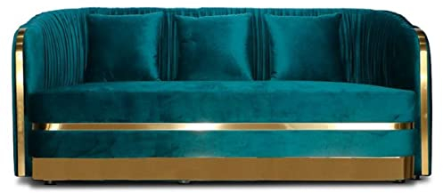 Casa Padrino Art Deco Samt Sofa Grünblau/Gold 180 x 78 x H. 80 cm - Wohnzimmer Sofa - Art Deco Wohnzimmer Möbel