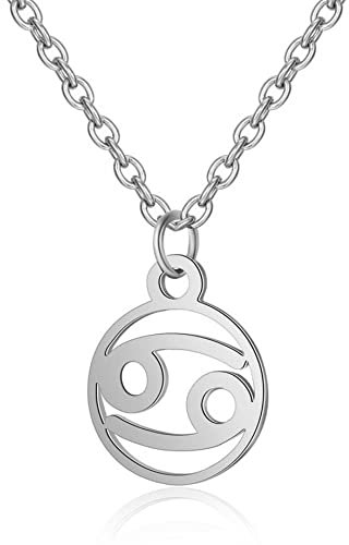 Silver Star Sign Circle Pendant Chain Necklace - Cancer (22nd June - 22nd July) - Zodiac Constellation Horoscope Celestial Astrology Jewellery - Women Men Girl Boy Gift