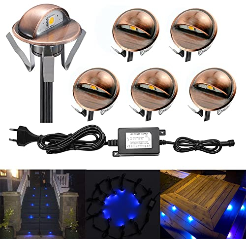 CHNXU Treppenbeleuchtung 6er Set LED Bodeneinbaustrahler Blau IP65 Wasserdicht Außen Terrassen Einbaustrahler Ø35mm 0.4W 10LM Bodenlampe für Garten Holzbrücke Pool Holzdeck, Kupfer