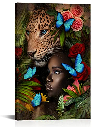 Conipit Afrikanische Tierfrau Wandkunst Leopard Blumen und afrikanische Frau Leinwand Dschungel Frau Gemälde Schwarze Frau in Blaugrün Blau Schmetterling Kunstwerk für Schlafzimmer Wohnzimmer gerahmt