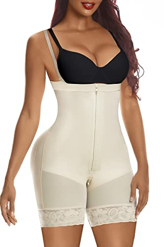 YIANNA Shapewear Damen Bauchweg Body Stark Formend Miederbody mit Bein Shaper Bodyformer Fajas Colombianas Mieder Bodyshape Zipper Beige L 7257