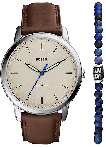 Fossil Minimalist orologio da uomo, movimento al quarzo con bracciale in acciaio o cinturino in pelle, Marrone e argento SET
