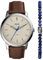 Fossil Minimalist uhr für Herren, Quarzwerk mit Edelstahl- oder Lederarmband, Braun und Silberton SET, 44MM