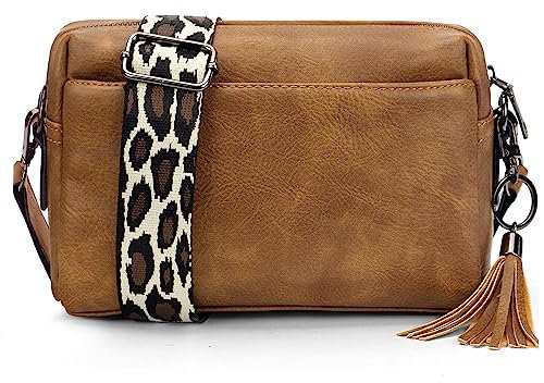 JANZORE Women CrossBody Bag Camera Handbag Shoulder Bag Small Multipurpose Vegan Leather Casual Fashion Cross body Bag Three Compartment Strap Wide Satchel with Tassel key Ring