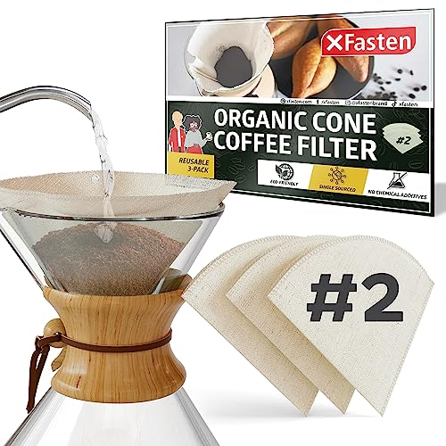 XFasten Hanf wiederverwendbare Kaffeefilter Nr. 2 (3er-Pack) Nummer 2 Kegel-Kaffeefilter | Gießen Sie über ungebleichte Kaffeefilter | passend für 1–4 Tassen Bio-Hanf-Tuch-Kaffeefilter | Kaffeefilter