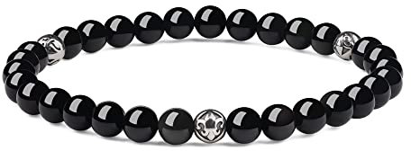 GAVU Bracelet à Charms Fleur de Lys 6mm Obsidienne Noire Homme L 18.5-20cm