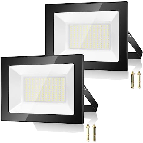 100W Projecteur LED Exterieur 2 Pièce, 10000LM 7000K Spot LED Extérieur, 144 Puces IP67 Imperméable Blanc Froid Eclairage de Sécurité LED, Luminaire Exterieur Pour Patio, Garage, Jardin, Terrasse