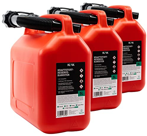 KOVA® 3x 5L Benzinkanister - Kraftstoffkanister mit UN-Zulassung - Perfekt als Dieselkanister, Reservekanister, Kraftstoffkanister, Wasserkanister, Benzin Kanister - Auswahl: 5L, 10L & 20L - ROT