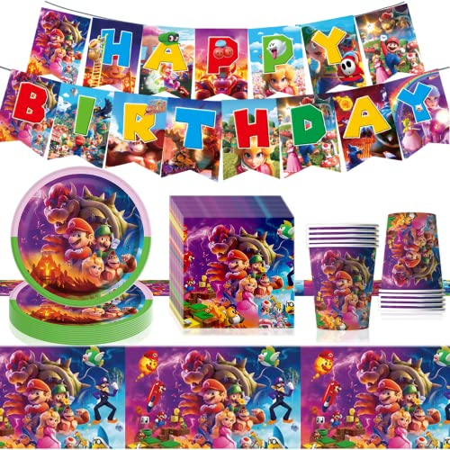 VAMITV Cartoon-Films Pappteller Kindergeburtstag, Gamefilms 2023 Partygeschirr 42-Teiliges Party Geschirrset für Geburtstagsdeko-10 7'' Pappteller, 20 Servietten, 10 Tassen, 1 Tischdecke, 1 Banner