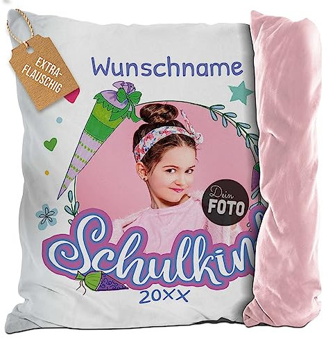 PR Print Royal Flauschiges Kissen zur Einschulung - Schulkind mit Foto, Name und Jahr personalisiert - Zuckertüte - personalisierte Geschenke zur Einschulung | Rückseite Rosa Flauschig, 40 x 40 cm