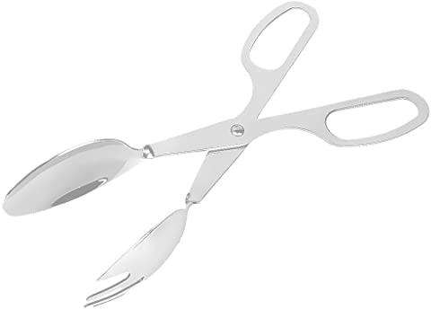 Tiuimk Pinzas de ensalada de acero inoxidable, combinación duradera de tenedor y cuchara con asas estilo tijera, ideal para servir ensalada, carnes, queso, mariscos, 10.5 pulgadas, plateado