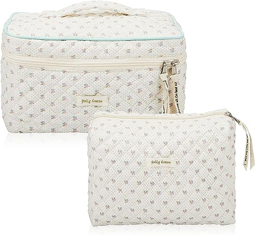 Yeria Make up Tasche, Groß Gesteppte Makeup Bag Aesthetic, Gesteppte Kulturtasche Damen, Baumwolle Make up Tasche mit Blumenmuster für Kinder Damen (A1+B1)