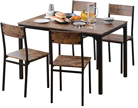 soges 4 Personen Esstisch-Set mit 4 Stühlen Essgruppen, 108cm Küchentisch-Set für 4 Personen, 4 Stühle mit Rückenlehne, Nesting-Möbel-Set für Esszimmer & Wohnzimmer, Vintagebraun