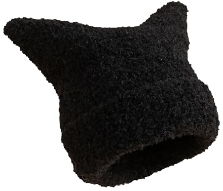 Fuzzy Cat Ear Knitted Beanie Hats, Fluffy Winter Slouchy Crochet Hat Funny Plush Kitty Ears Cap for Girls Women, Schwarz, Medium