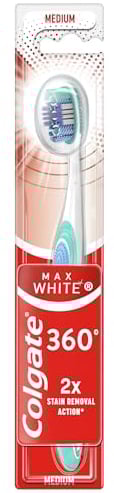 Colgate Max White 360 Zahnbürste, mittlere Härte, 1 Stück, hellt die Zähne auf, entfernt Flecken, reinigt schwer zugängliche Stellen, Zungen- und Wangenreiniger, entfernt schlechten Atem