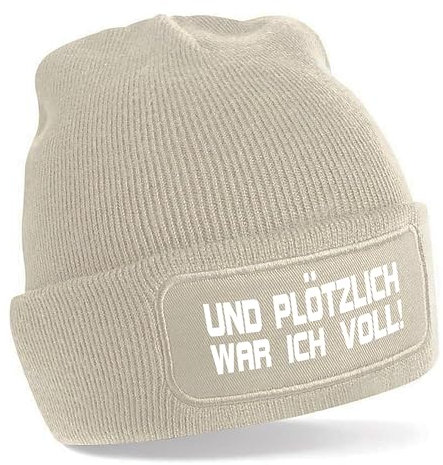 Herzbotschaft Beanie Strickmütze mit Spruch | Und plötzlich war ich voll! | Creme | Unisex SoftTouch angenehm weiche und warme Wintermütze | OneSize Einheitsgröße für Erwachsene