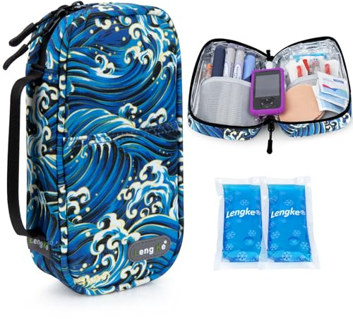 YOUSHARES Insulin Kühltasche mit 2 Kühlakku - 21 * 11.5 * 6CM Tragbar, aber großes Fassungsvermögen Medikamenten Etui für Diabetiker Halten Sie die Vorräte Sicher und Kalt Diabetes Tasche (Seewellen)