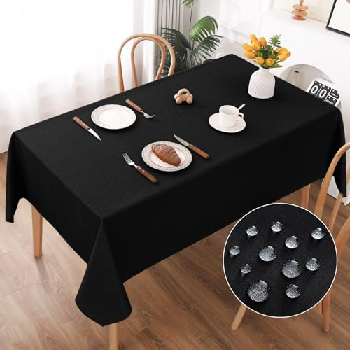 AooHome Tischdecke Abwaschbar, Schwarz Tischdecken 140x220cm Leinen-Optik Tischtuch aus Polyester Wasserabweisend mit Lotuseffekt, Dauerhaft Kratzfest für Wohnzimmer, Esszimmer, Balkon, Garten