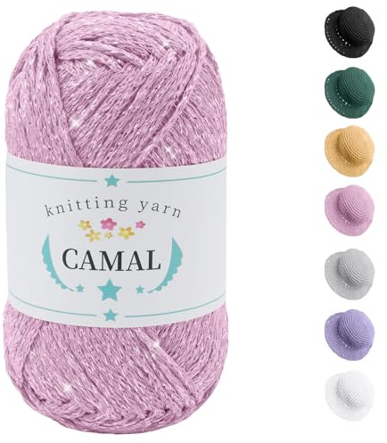 CAMAL Baumwolle zum Häkeln, 100g / 140m Glitzern Häkelwolle Baumwolle für Taschen Weich Funkelnd Tshirt Garn für Häkel & Strickgarn, Metallic Häkelgarn für DIY Handtasche (Rosa Silber)