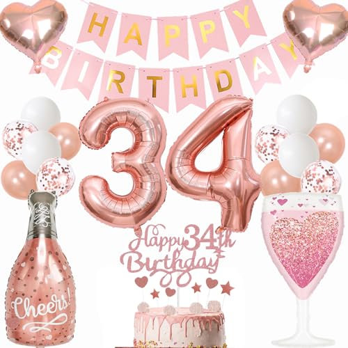 Anlgdi Luftballon 34. Geburtstag Deko Frau, Geburtstagsdeko 34 Jahre Frauen, Folienballon Weinflasche Sektflasche, Helium Ballon Champagner Flasche, Happy Birthday Banner Deko 34 Geburtstag Frau