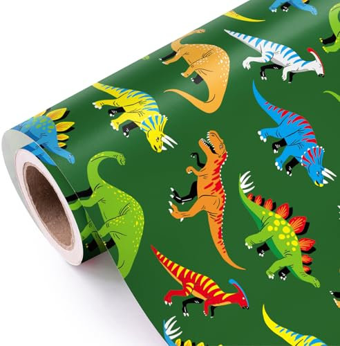 WRAPAHOLIC Dinosaurier-Geschenkpapierrolle – Mini-Rolle – 43 cm x 100 cm – grünes Dinosaurier-Design, perfekt für Mädchen, Kinder, Jungen, Geburtstag, Babyparty, Party, Urlaub