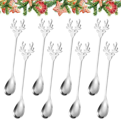 LPAMABA 8 Stück Edelstahl Löffel Weihnachten Elch Weihnachtsdessertlöffel Weihnachtskuchenlöffel Weihnachts Dessertlöffel Silber Kleine Eislöffel für Dessert Getränke