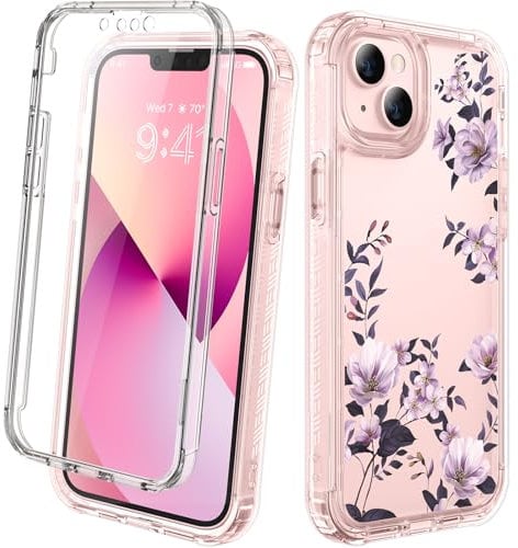 Diaclara Compatible with iPhone 13 Case, 360° Full Body with Built-in Screen Protector Touch Sensitive Shockproof Bumper Case Cover Clear-Back Designed Compatible for iPhone 13 6.1 - Clear Camellia