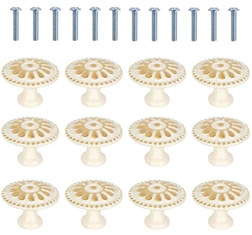 Cleminsta Boutons de Porte et Poignées de Meuble Vintage 12 Pcs - Bouton Tiroir, Poignée Ronde en Blanc, Bouton de Porte de Placard, Rond Boutons de Tiroir, Bouton Porte Pour Commodes