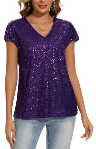 MINTLIMIT Sparkly Tops for Women UK Short Cap Sleeve T Shirt Sequin Blouse V Neck Tunic Top (Purple S)