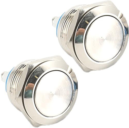 Powice 2 Stück 22mm Taster Wasserdicht Momentaner Schalter aus Edelstahl,Druckschalter Drucktaster 5A/12V/24V/125V/250V,Geeignet für Autos, Zündanlagen, Türklingeln (Flacher Kopf)