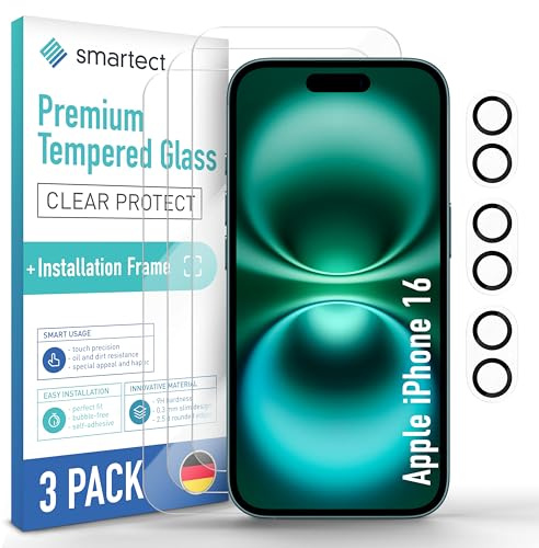 smartect Schutzglas 3 + 3 Stück für iPhone 16 | Displayschutz + Kameraschutz, inkl. Positionierhilfe, HD Panzerfolie Anti-Kratzer, 0.3 mm Ultra-klar, 9H Härte, Blasenfrei
