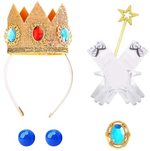 REYOK 5PCS Principessa Accessori per Ragazze,Principessa Crown Set di Accessori,Guanti Bianchi,Bastone a Stella,Spilla ZaffiroOrecchini,Halloween Natale Feste e Ballo di Fine Anno per Ragazze